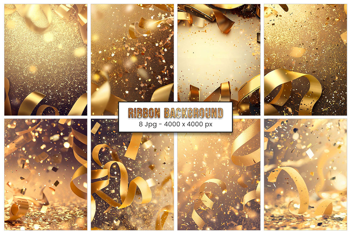 Realistic golden confetti ribbon background and gold glitter texture background