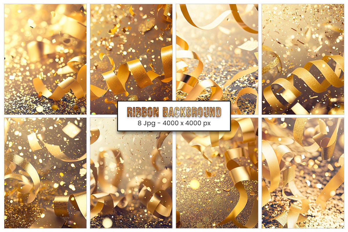 Golden confetti ribbon background and gold glitter texture background