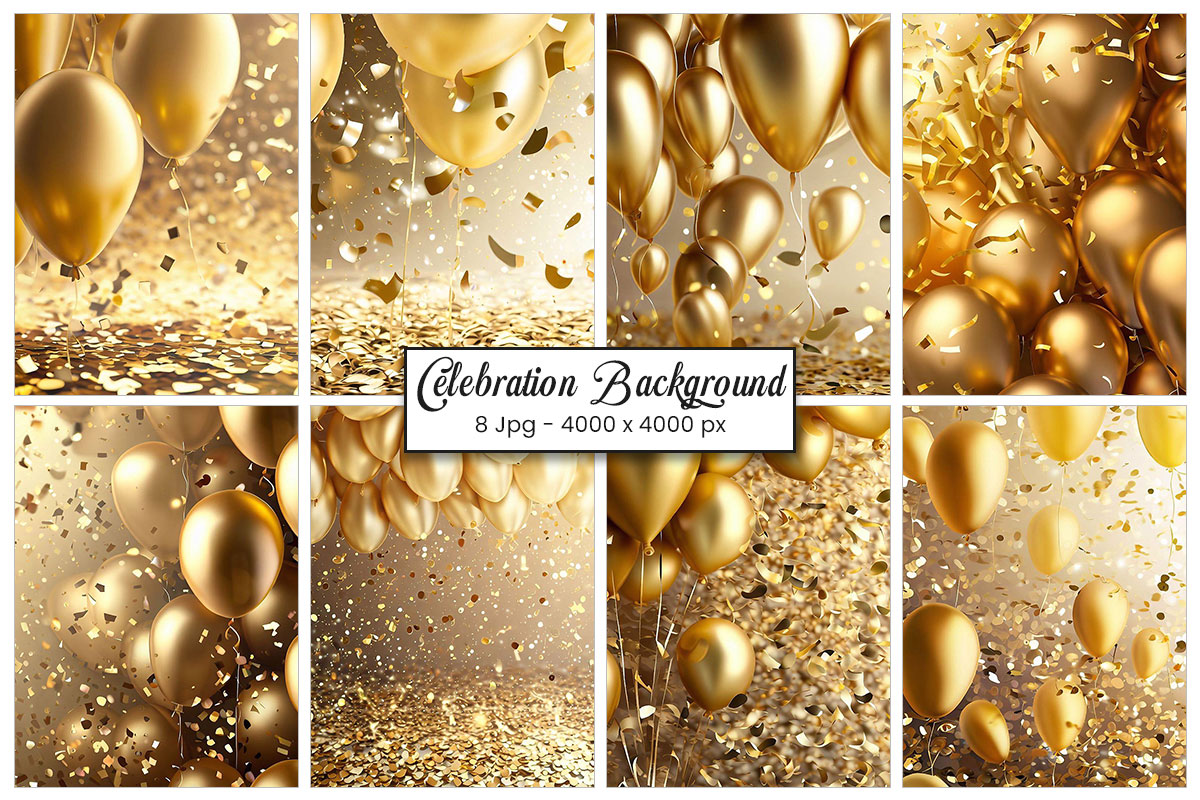 Celebration banner with gold confetti and balloons