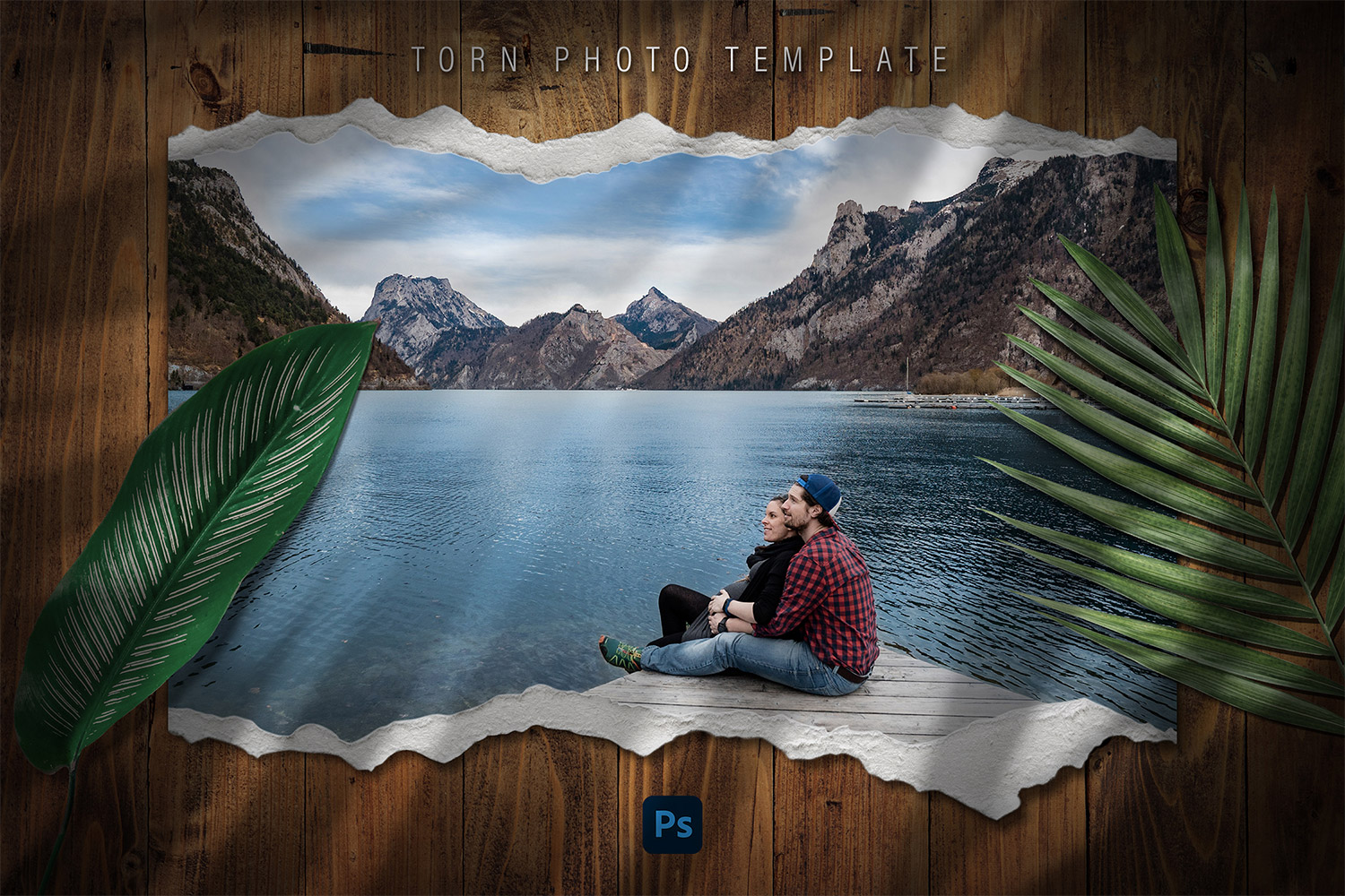 Torn photo template with leaves and shadows