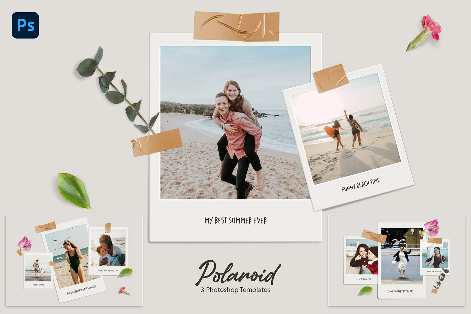 Polaroid photo templates with leaves on grey wall