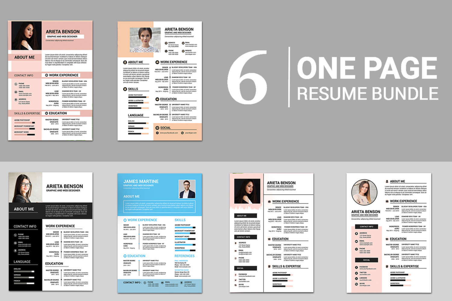 Minimal One Page Resume Bundle. Ms Word and Photoshop Template