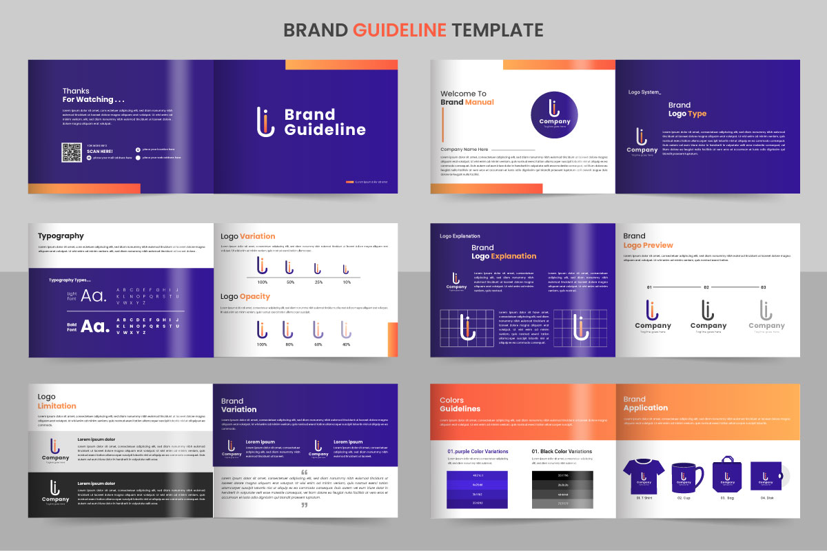 Brand  Guidelines template. Brand Identity presentation. Logo Guide Book. Logo type idea