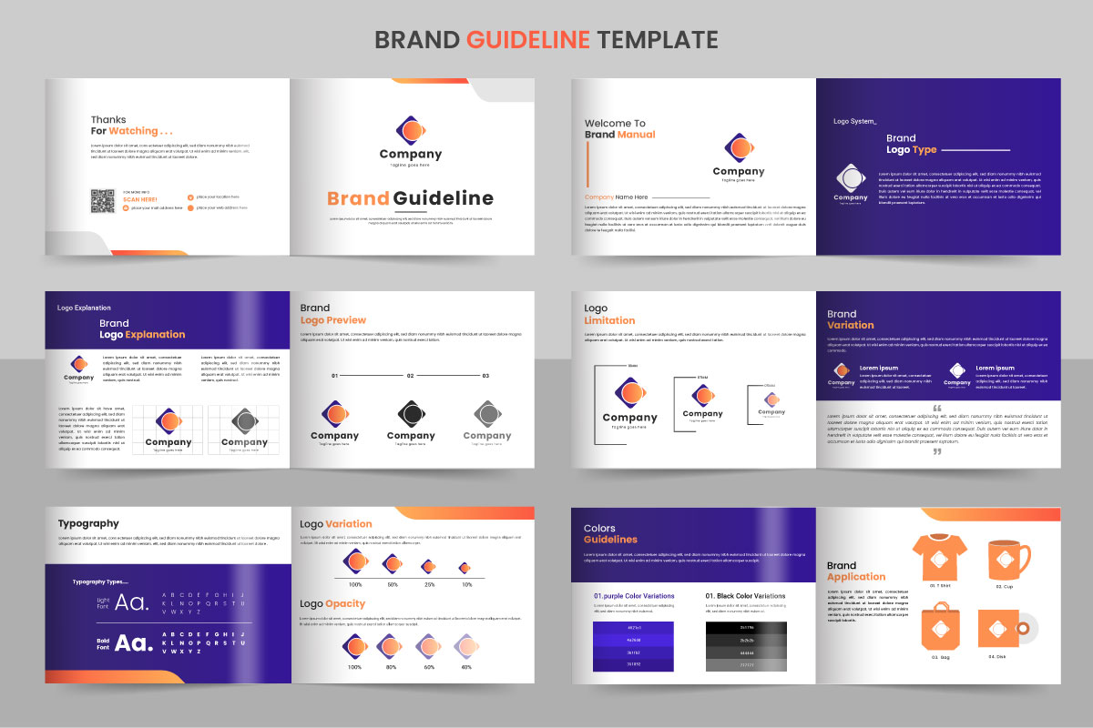 Corporate brand  Guidelines template. Brand Identity Logo Guide Book. Logo type idea