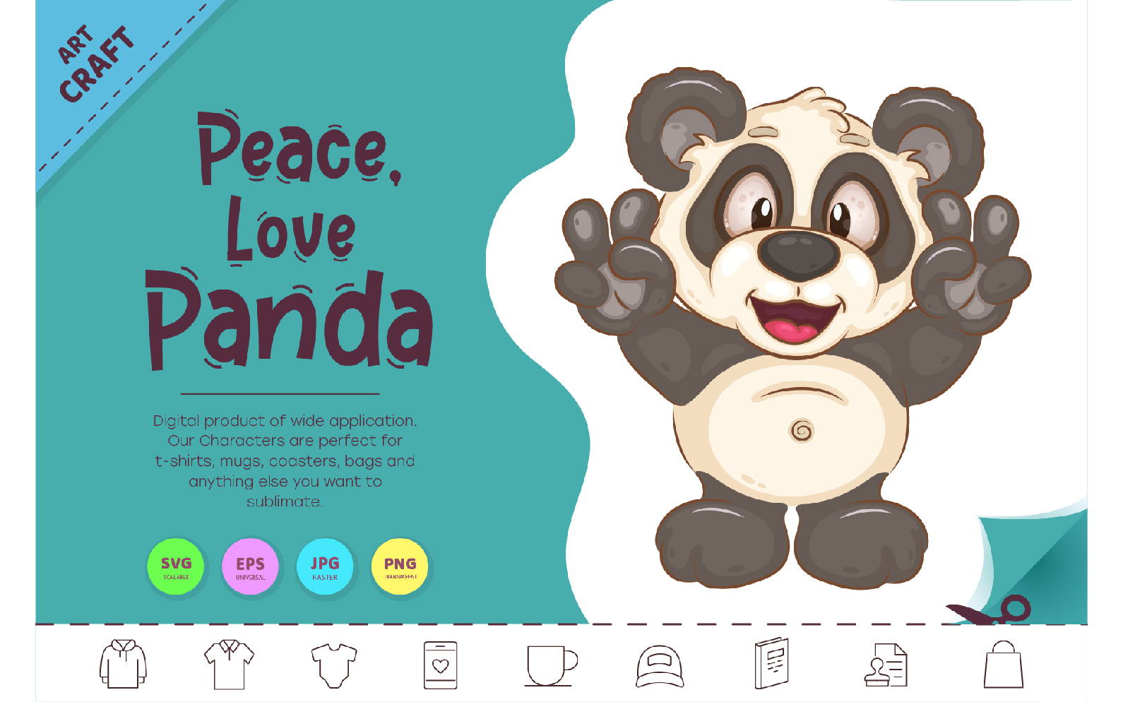 Cartoon Panda Peace, Love. Clipart.