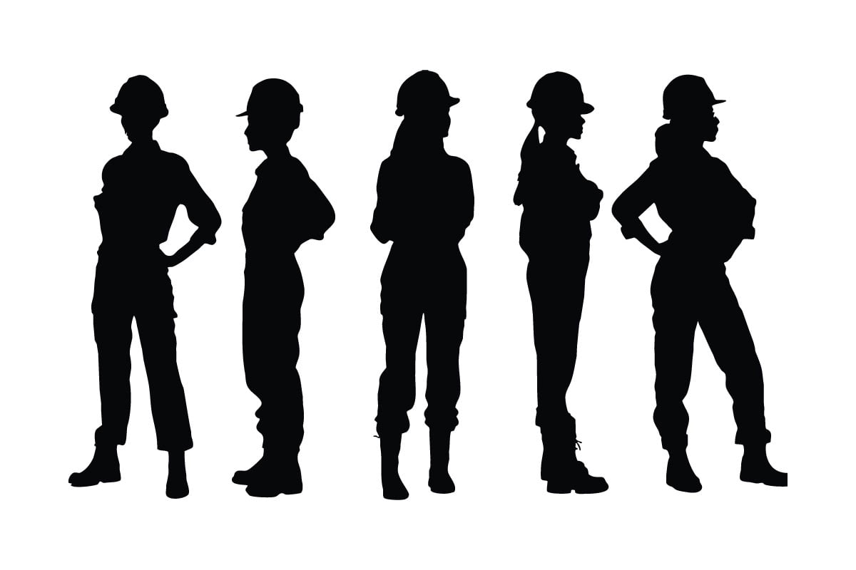 Female engineer and workers silhouette