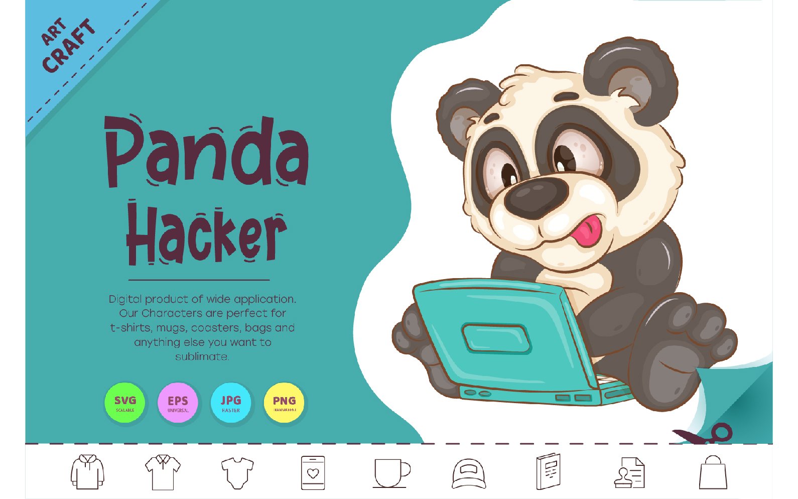 Cartoon Panda Hacker. Clipart.