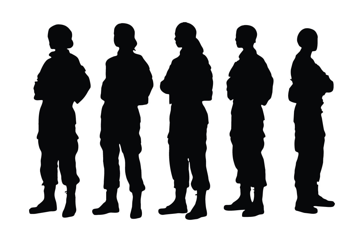 Girl soldiers and infantry silhouette