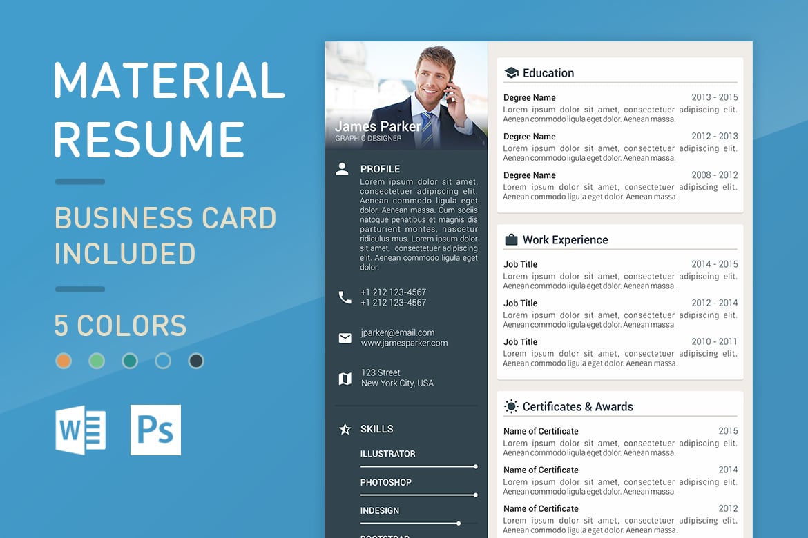 Material Resume - Professional CV Resume with Cover letter, Portfolio and Business Card