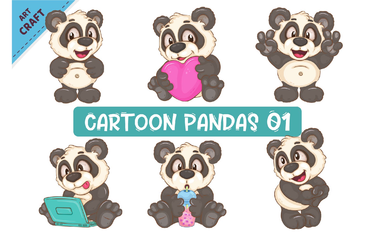 Set of Cartoon Pandas 01. Clipart.