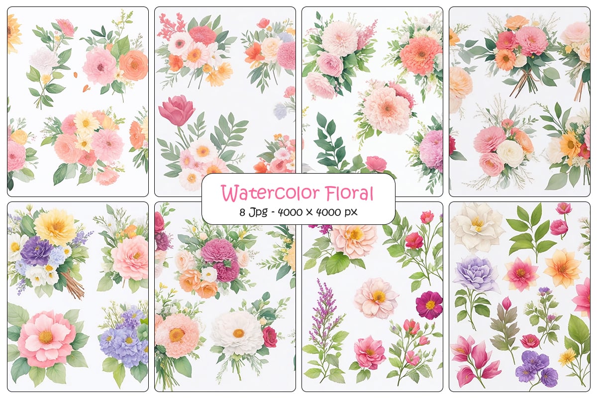 Watercolor floral leaves design, pink flower branch background, floral botanical set