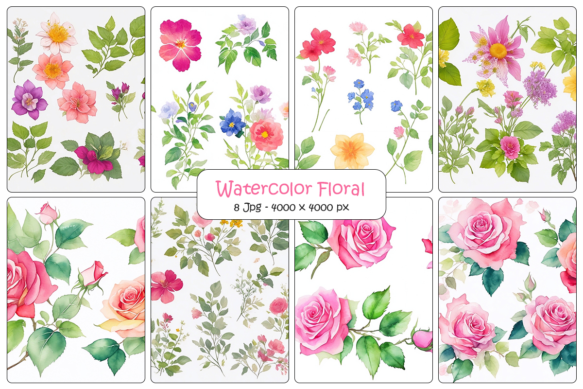 Watercolor floral leaves art design, pink flower branch background, floral botanical set