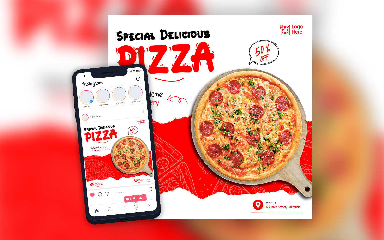 Pizza Menu Food Restaurant Social Media Post Template