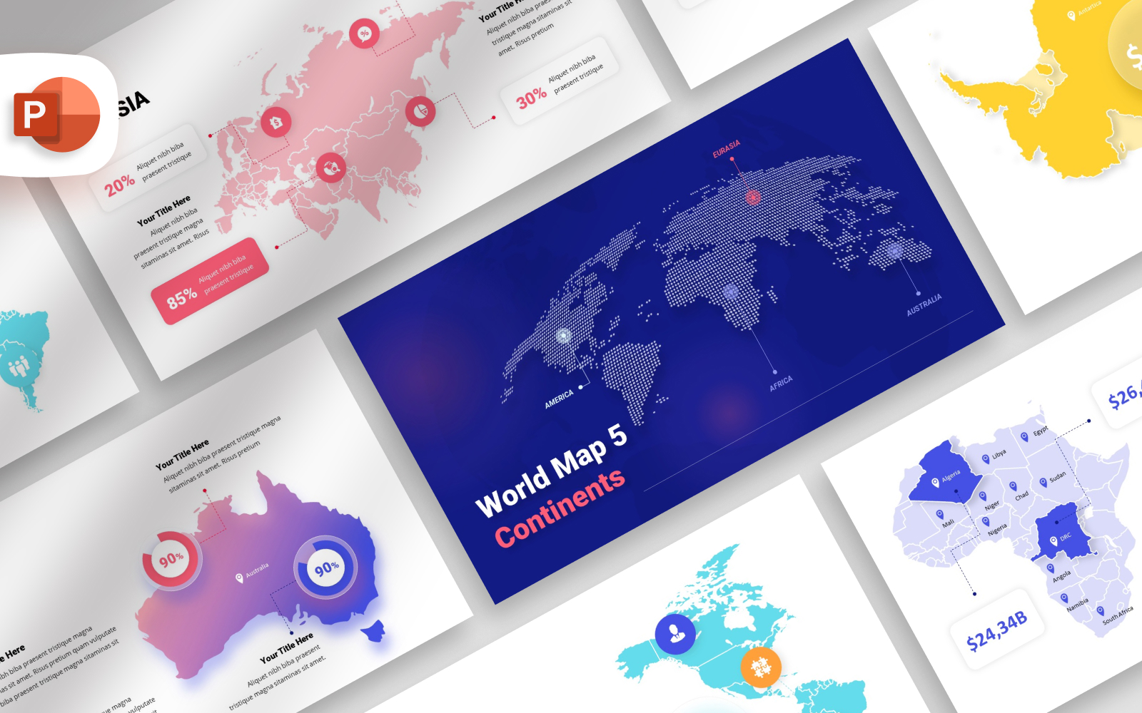 5 Continents World Map Presentation Template