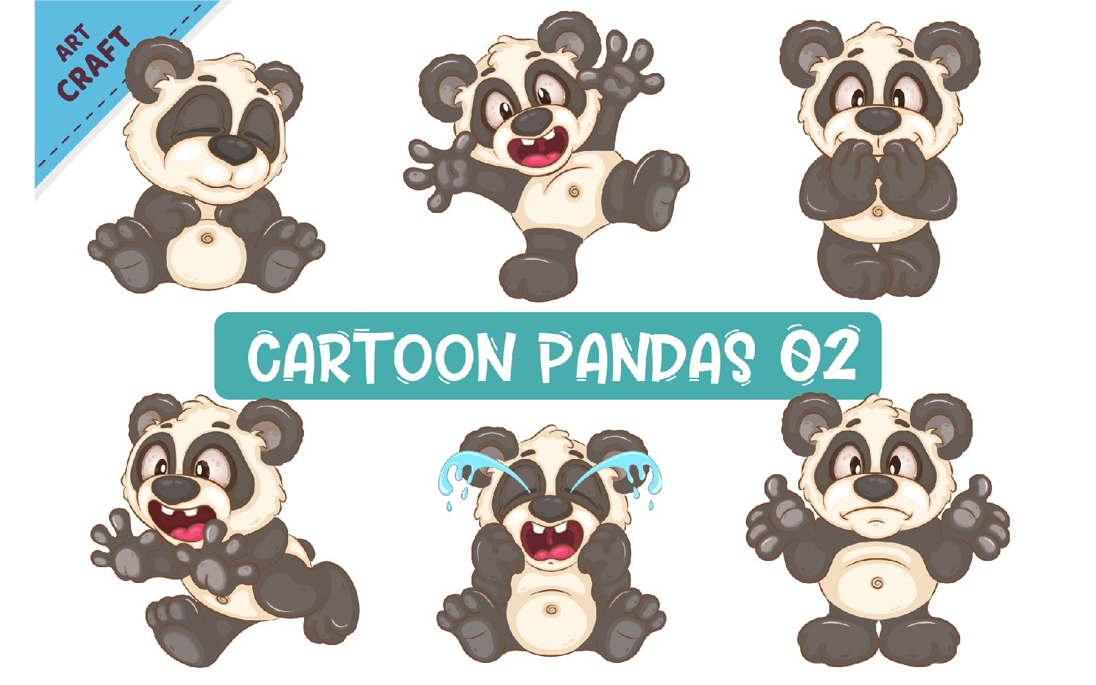 Set of Cartoon Pandas 02. Animal Art.