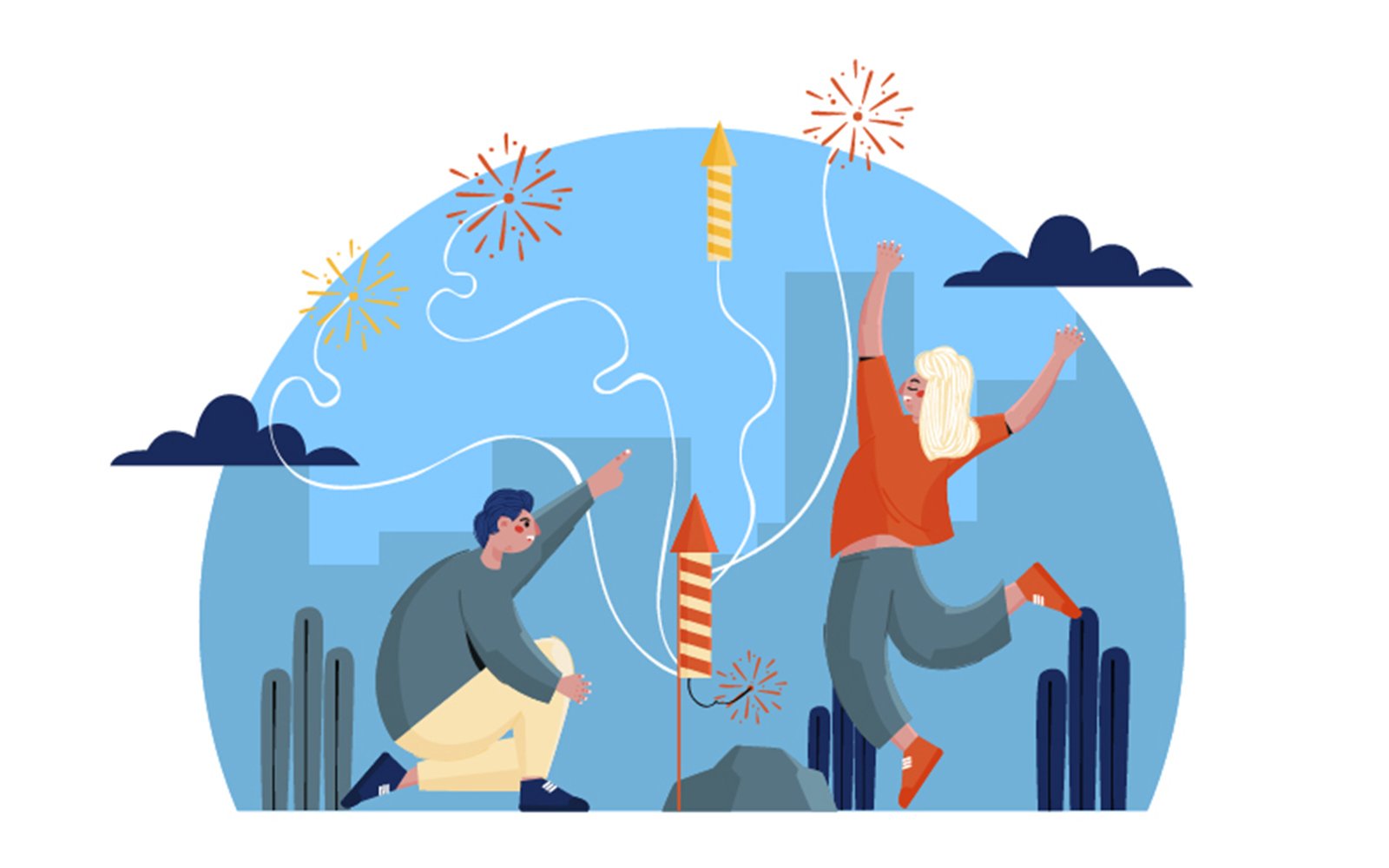 Kids Launching Fireworks Illustration