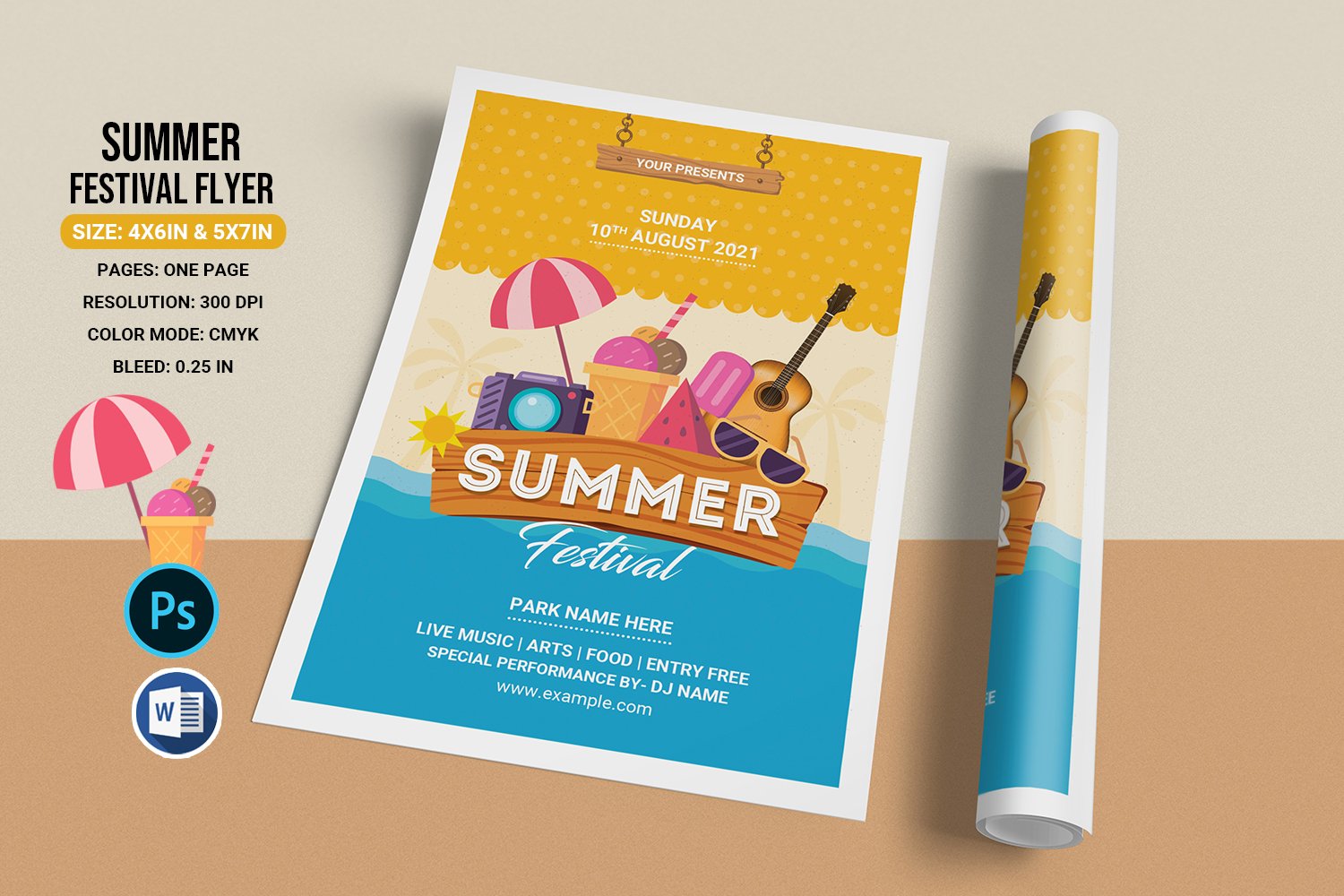 Summer Festival Party Invitation Flyer Template. Ms Word and Photoshop