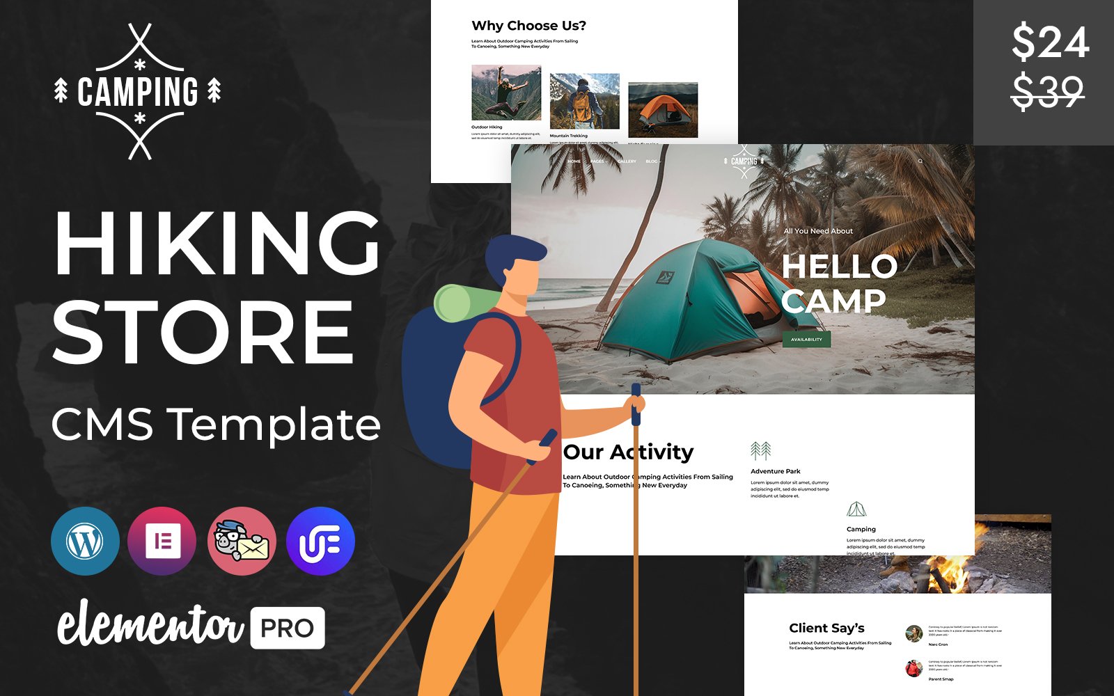 Camping - hiking, camping and adventure WordPress Elementor CMS Template