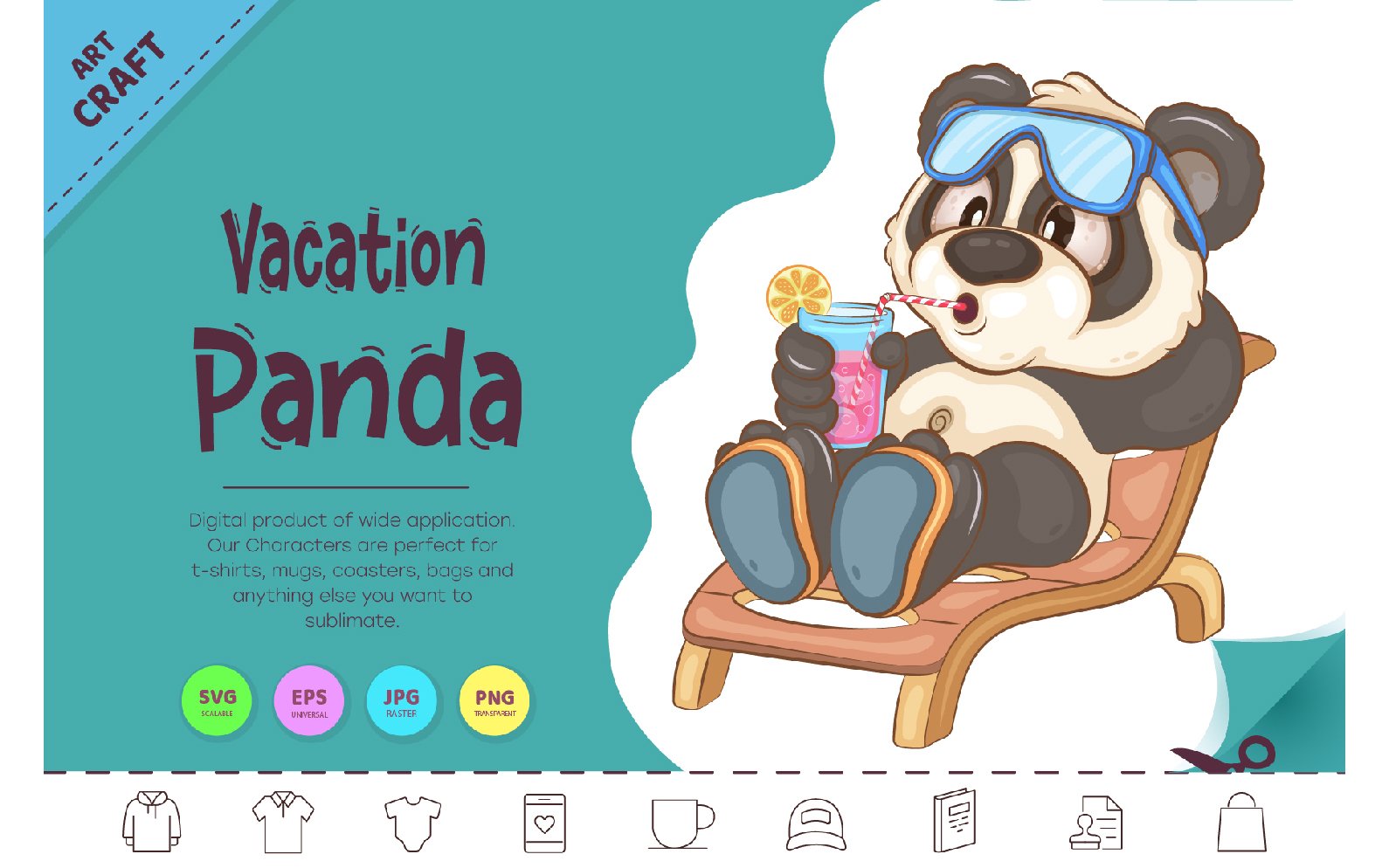 Cartoon Panda Vacation. Animal Art.