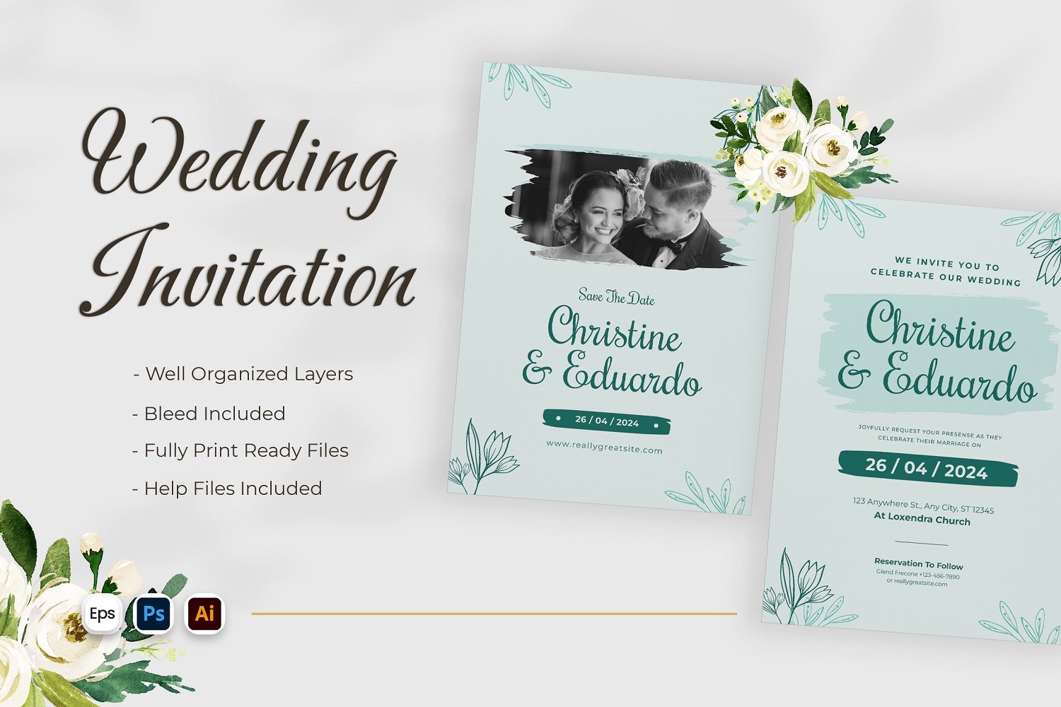 Green Floral Wedding Invitation