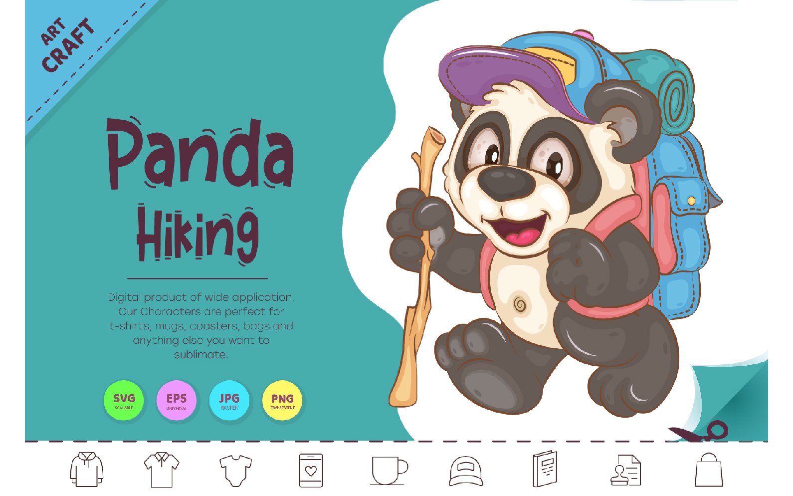 Cartoon Panda Hiking. Animal Art.