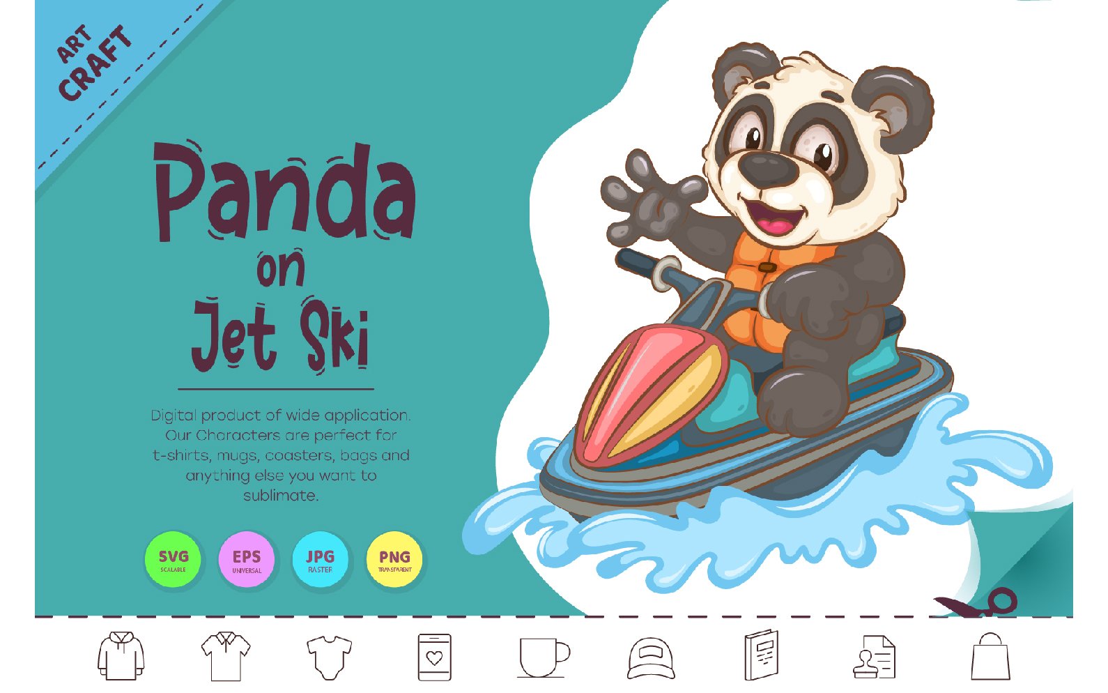 Cartoon Panda on Jet Ski. Animal Art.