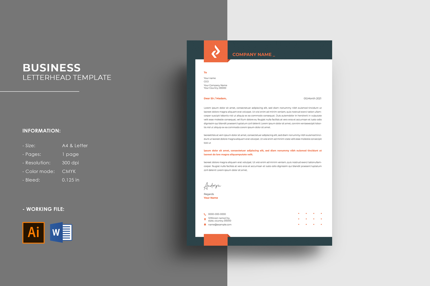 Clean Letterhead Template. Illustrator and Ms Word Template