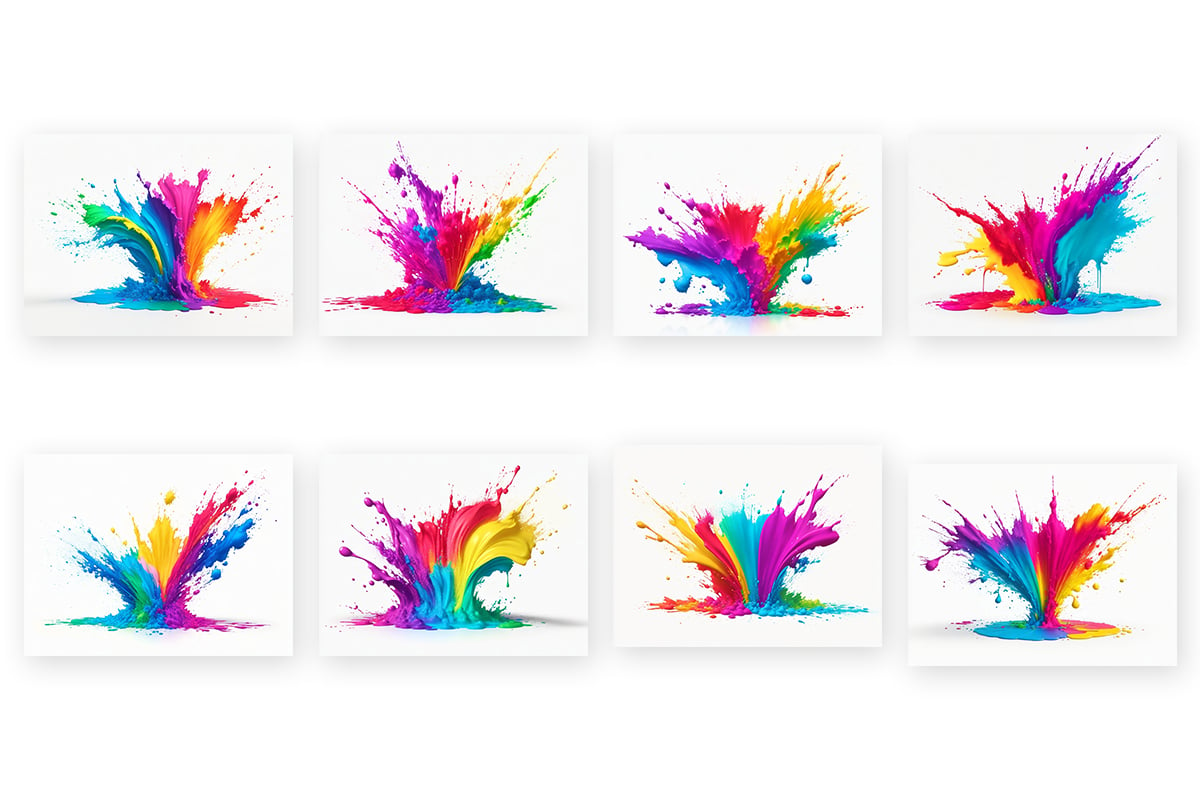 Liquid paint ink splash set, rainbow colors with splatter