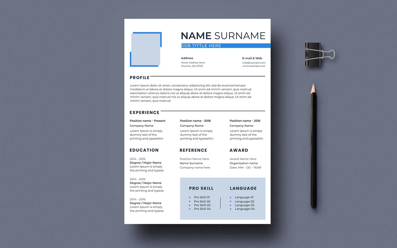 Professional resume template with blue background.