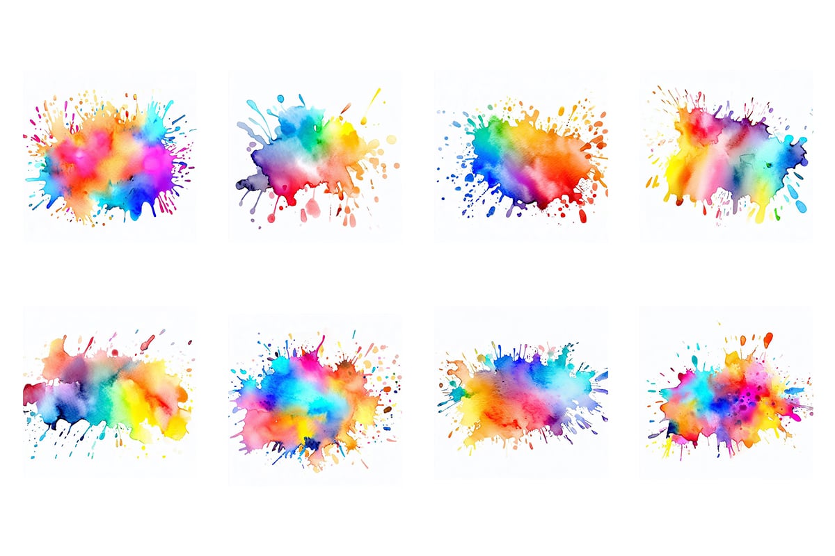 Colorful ink splashes, abstract paint splatter brush stock