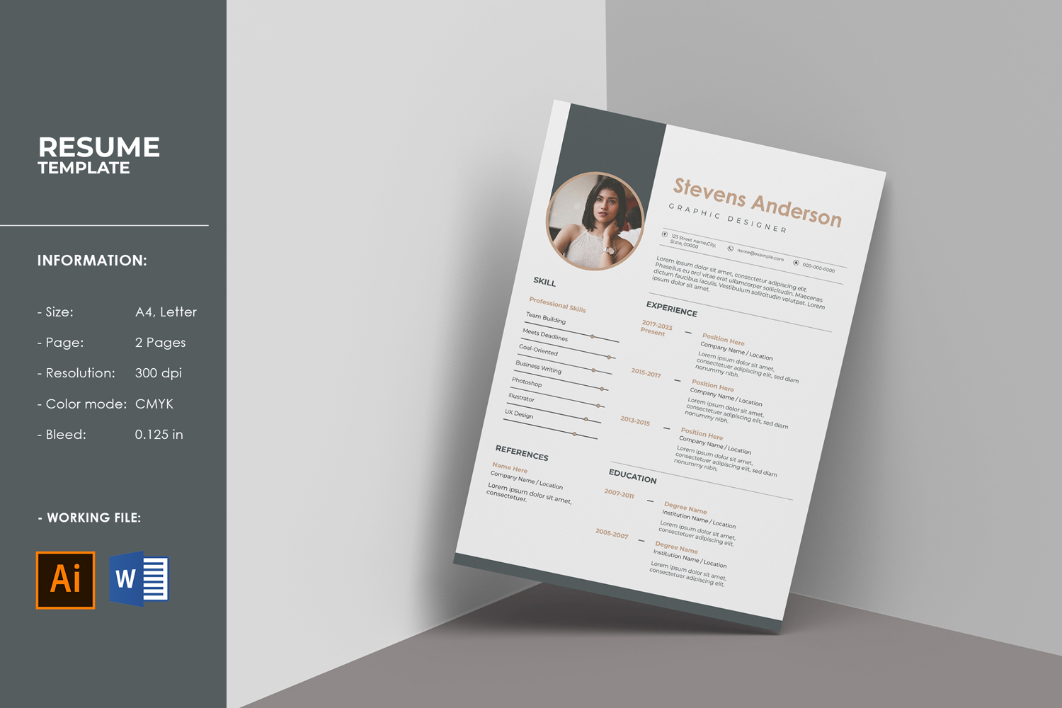 Professional Resume / Cv Template. Illustrator and Ms word template