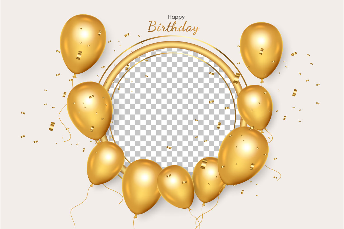 Birthday frame with Realistic  golden balloon set with golden confitty