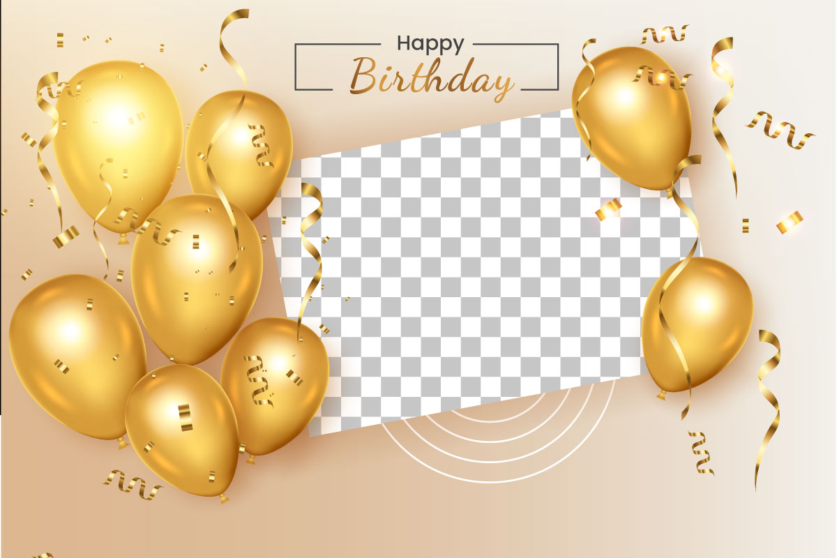 Birthday frame with Realistic  golden balloon set with golden confitty style