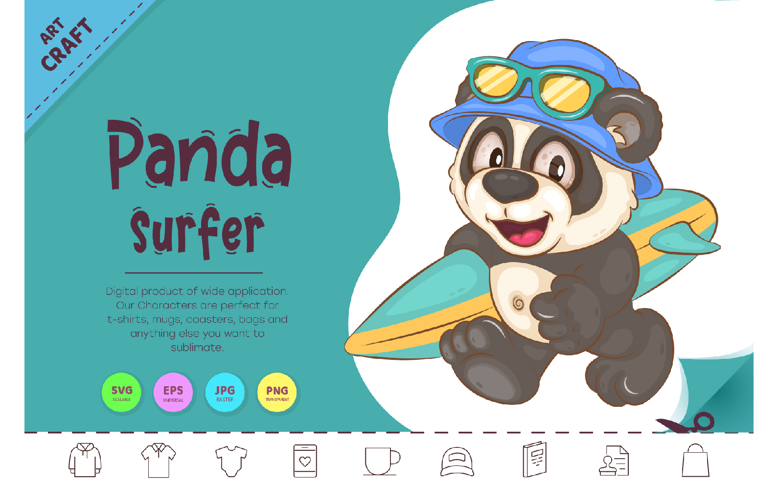 Cartoon panda surfer. Animal Art.