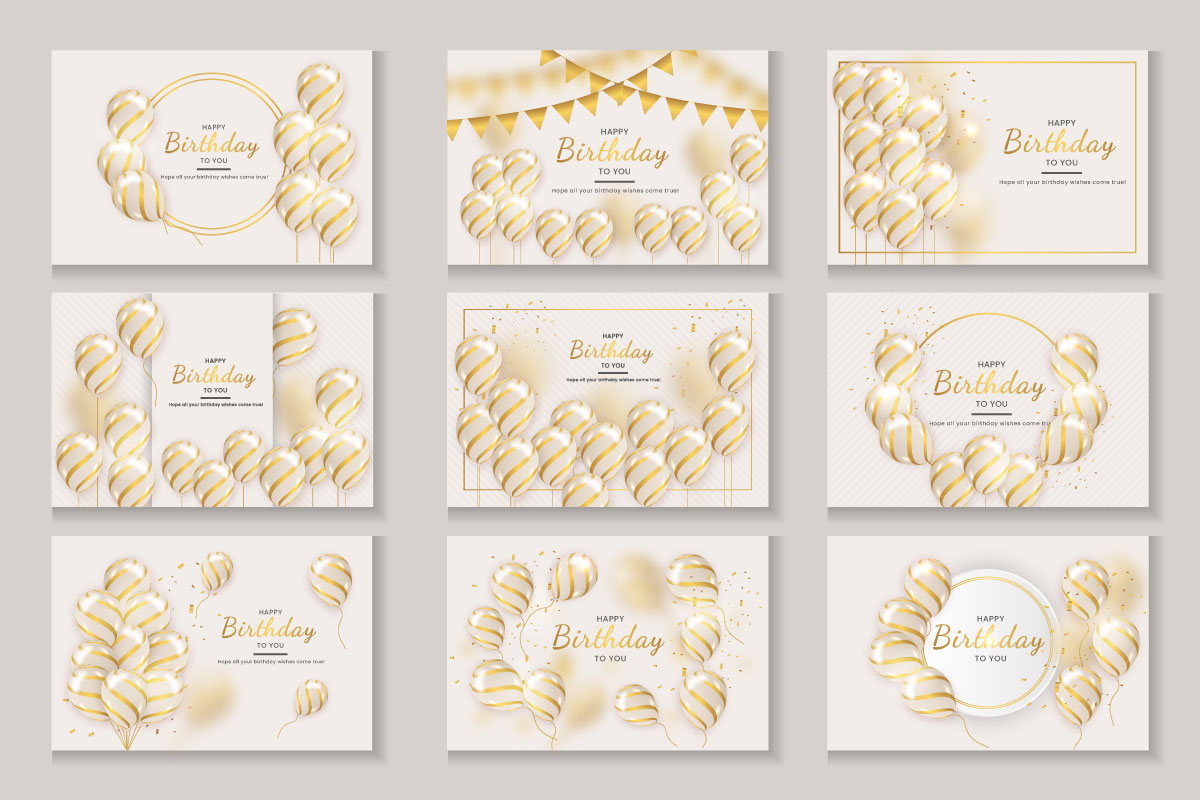 Birthday  banner set design Happy birthday greeting text with elegant gold  balloon