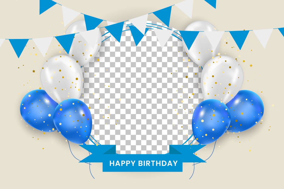 Birthday balloons banner design birthday greeting text with elegant blue and white  balloon concept