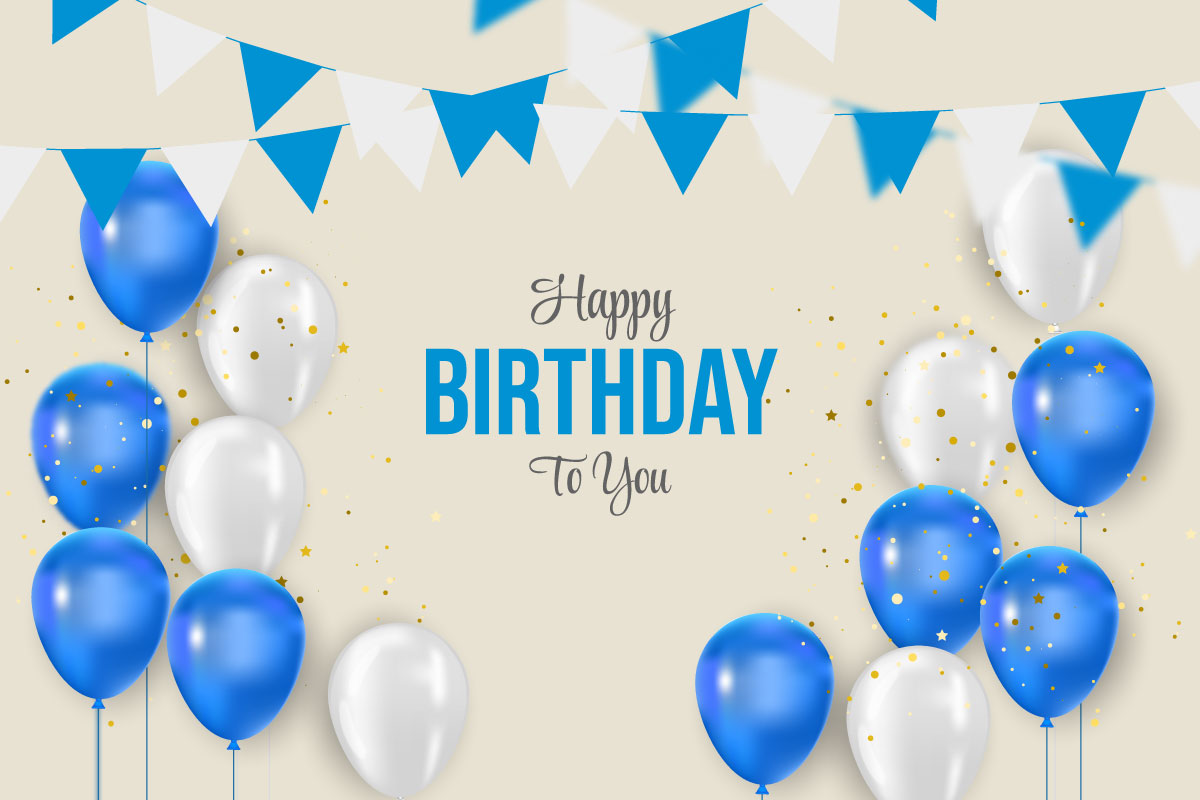 Birthday balloons banner birthday greeting text with elegant blue and white  balloon concept
