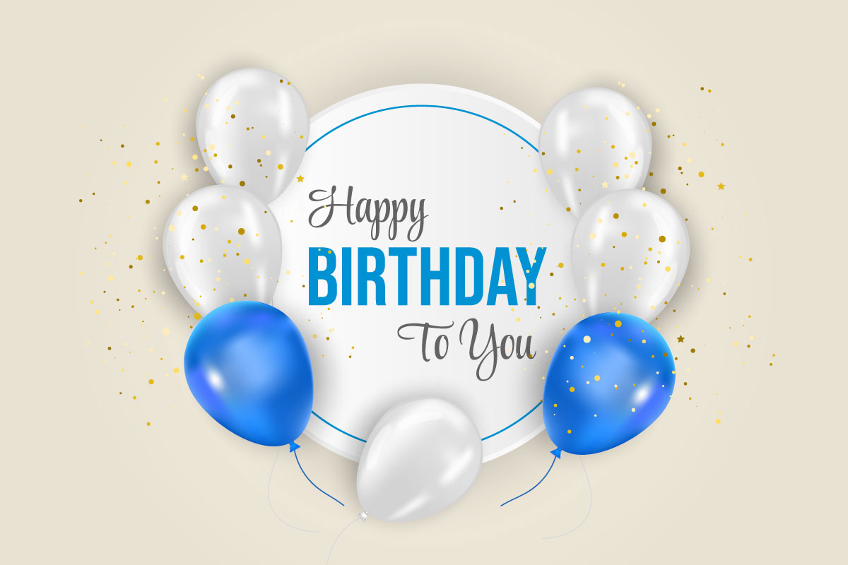 Birthday balloons banner design Happy birthday greeting text with blue and white  balloon concept
