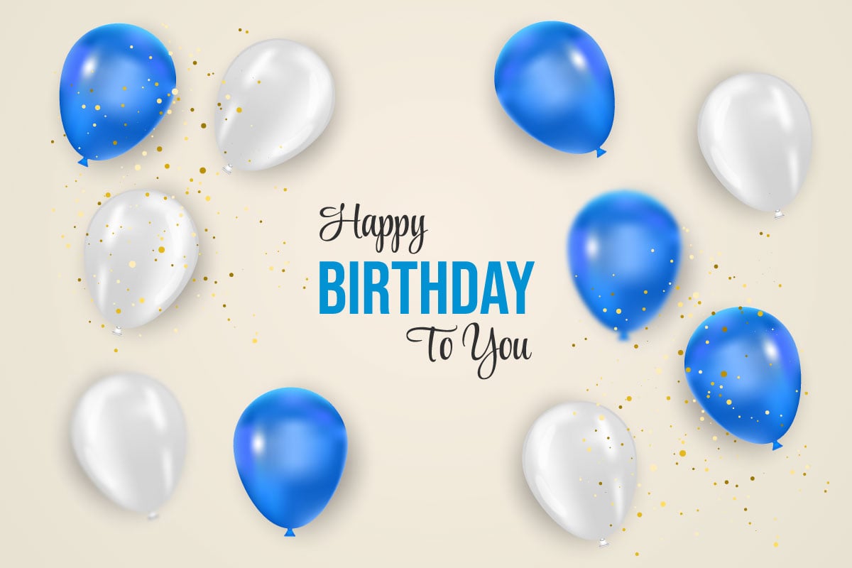 Birthday balloons banner design Happy birthday greeting text elegant blue and white  balloon