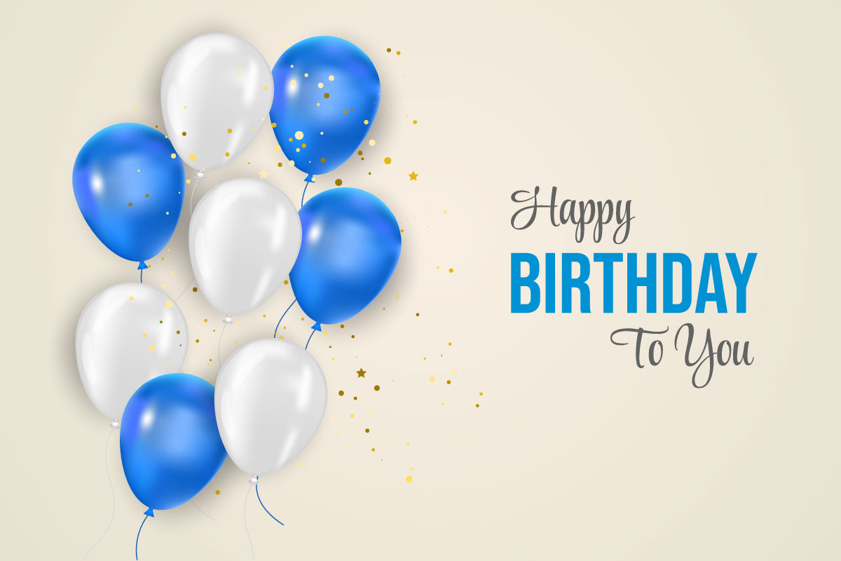 Birthday balloons banner design Happy birthday greeting text with elegant blue and white  balloon