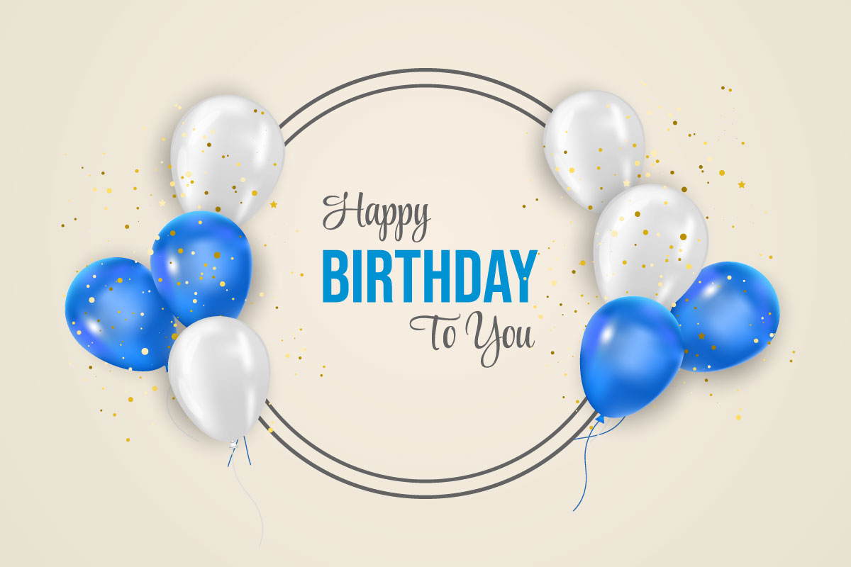 Birthday balloons banner design birthday greeting text with elegant blue and white  balloon