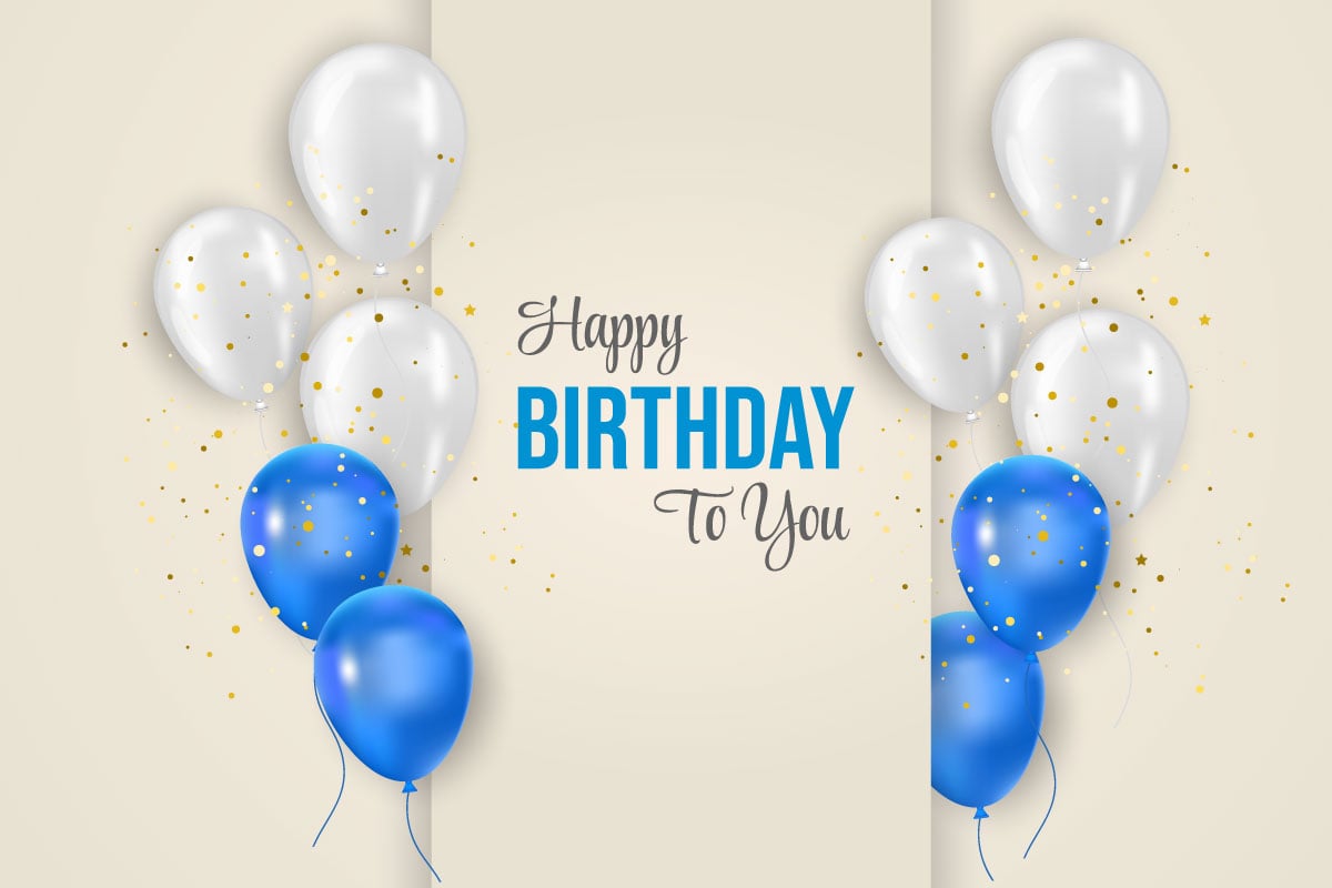 Birthday balloons banner Happy birthday greeting text with elegant blue and white  balloon