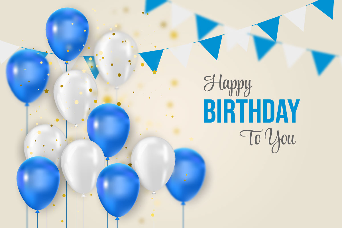 Birthday balloons banner design  with elegant blue and white  balloon concept