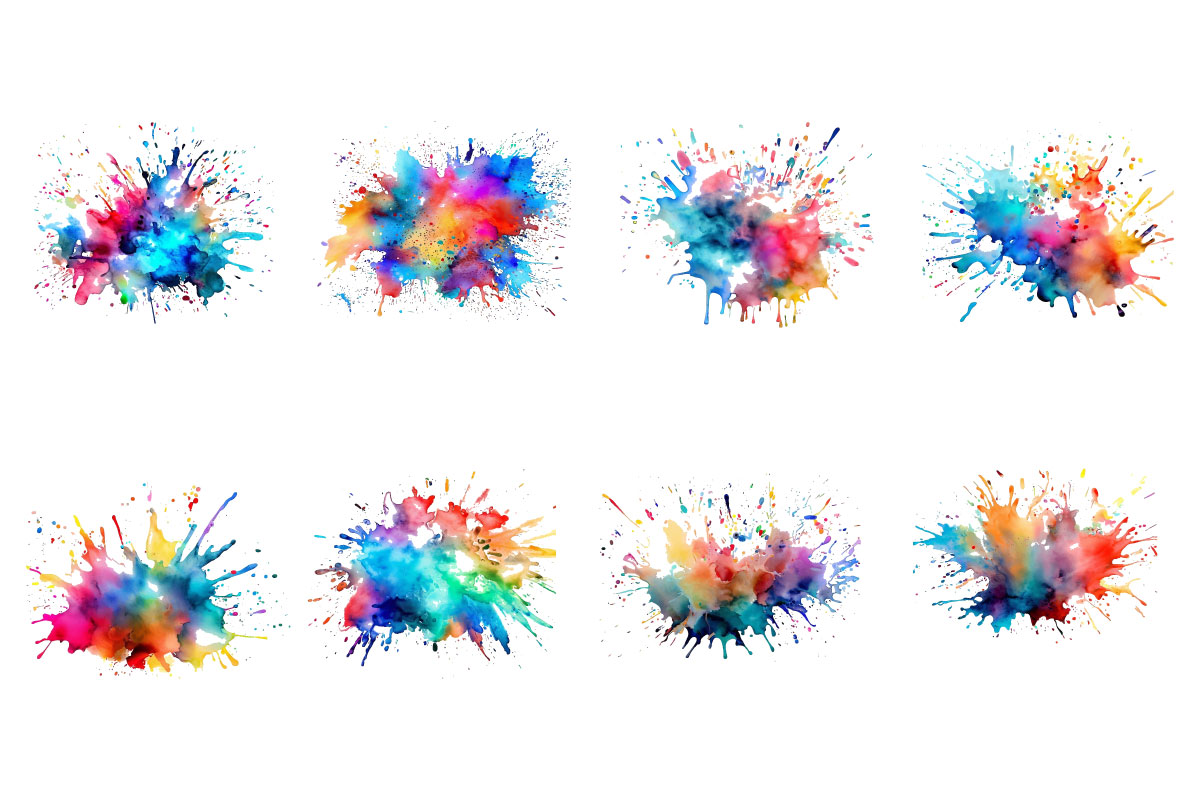 Colorful Ink Splash, abstract paint splatter powder festival explosion on white background