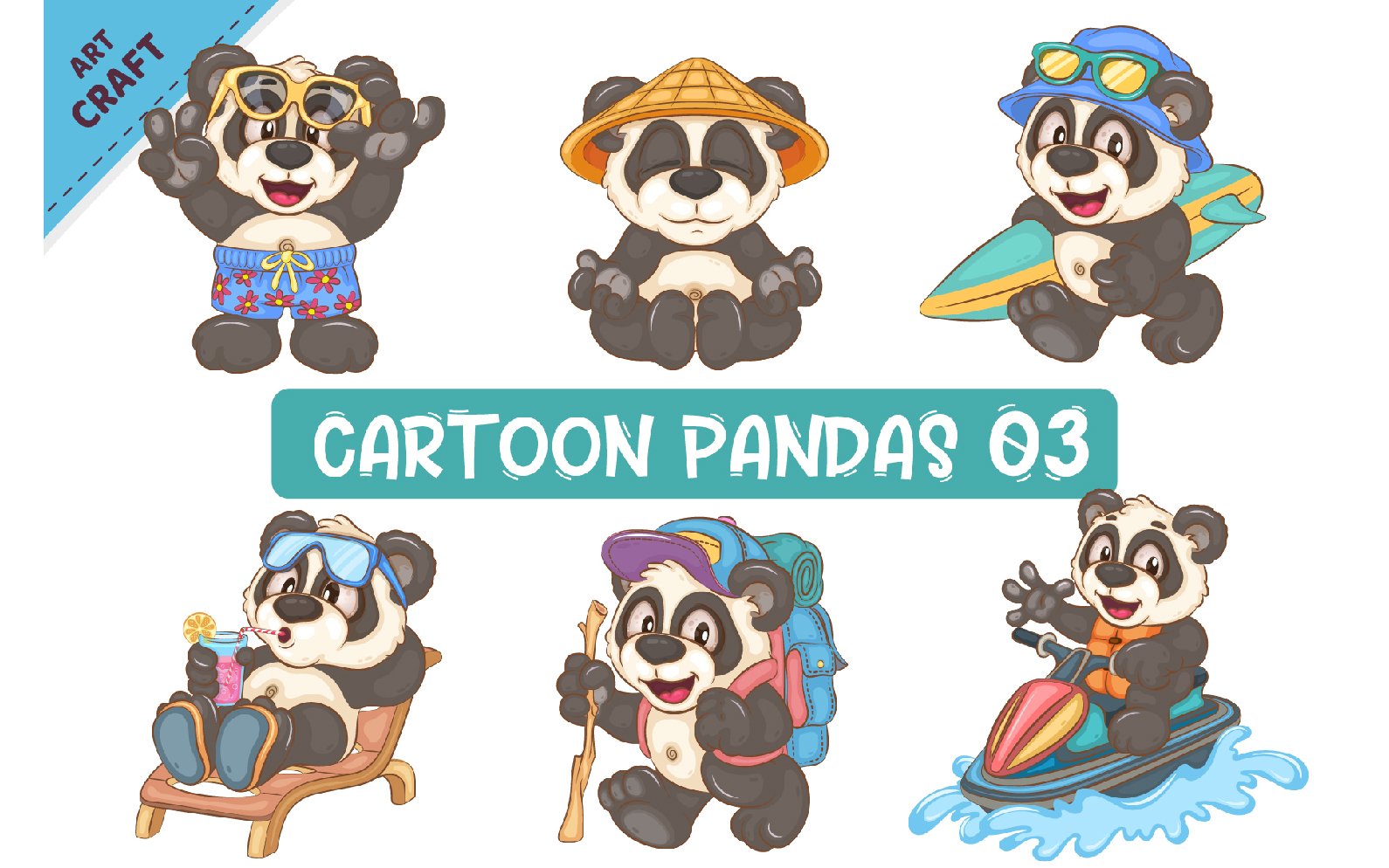 Set of Cartoon Pandas 03. Animal Art.