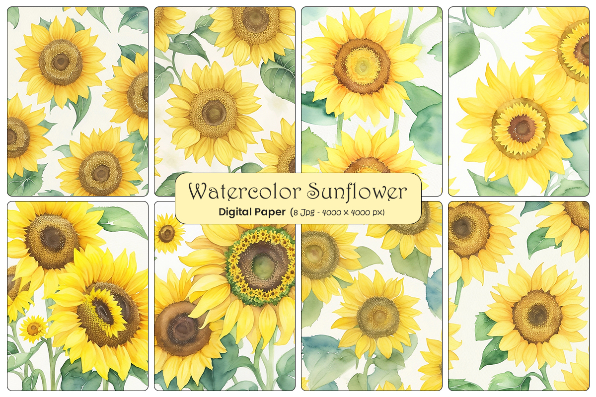 Watercolor sunflower and leaves seamless pattern
