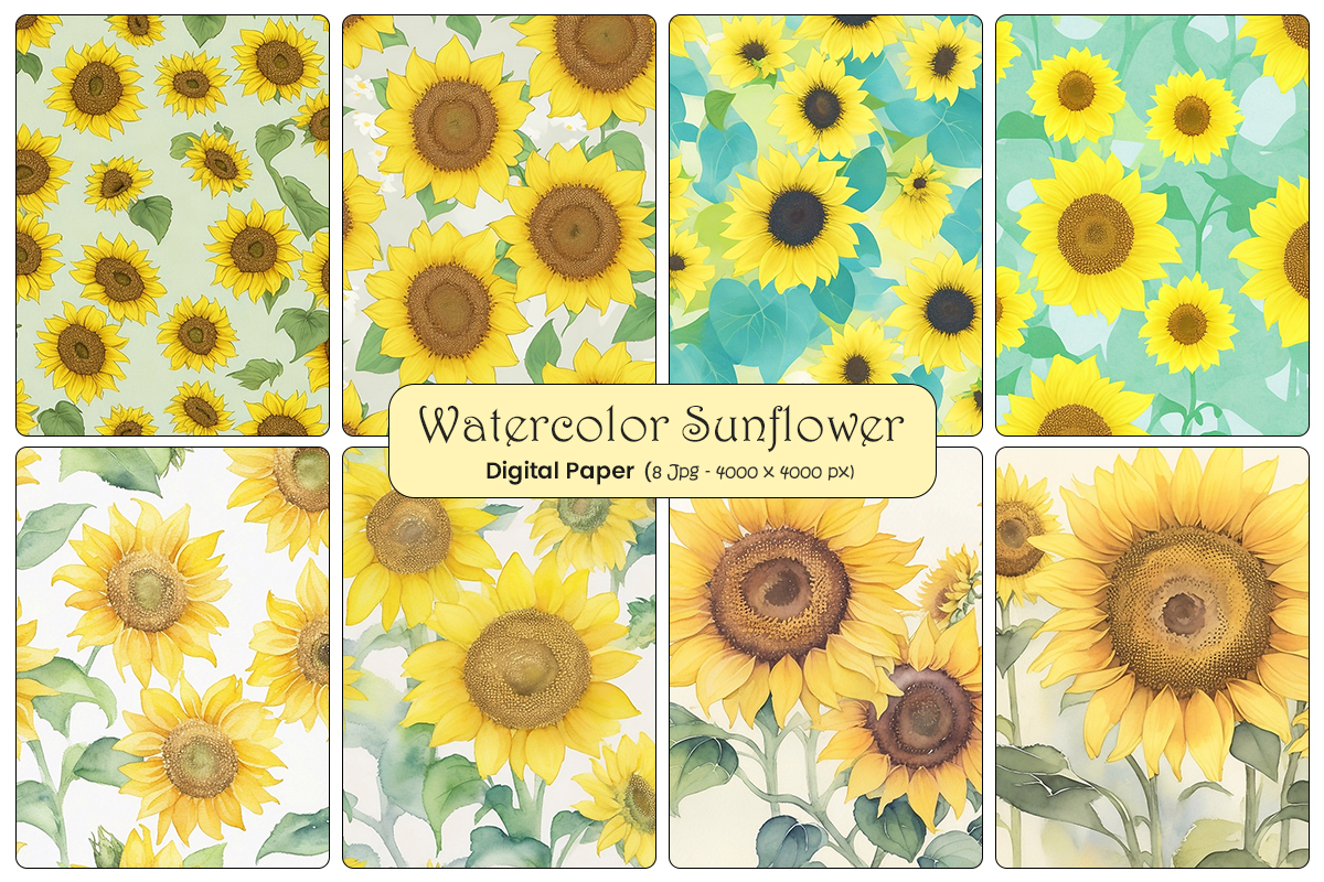 Sunflowers seamless pattern watercolor background