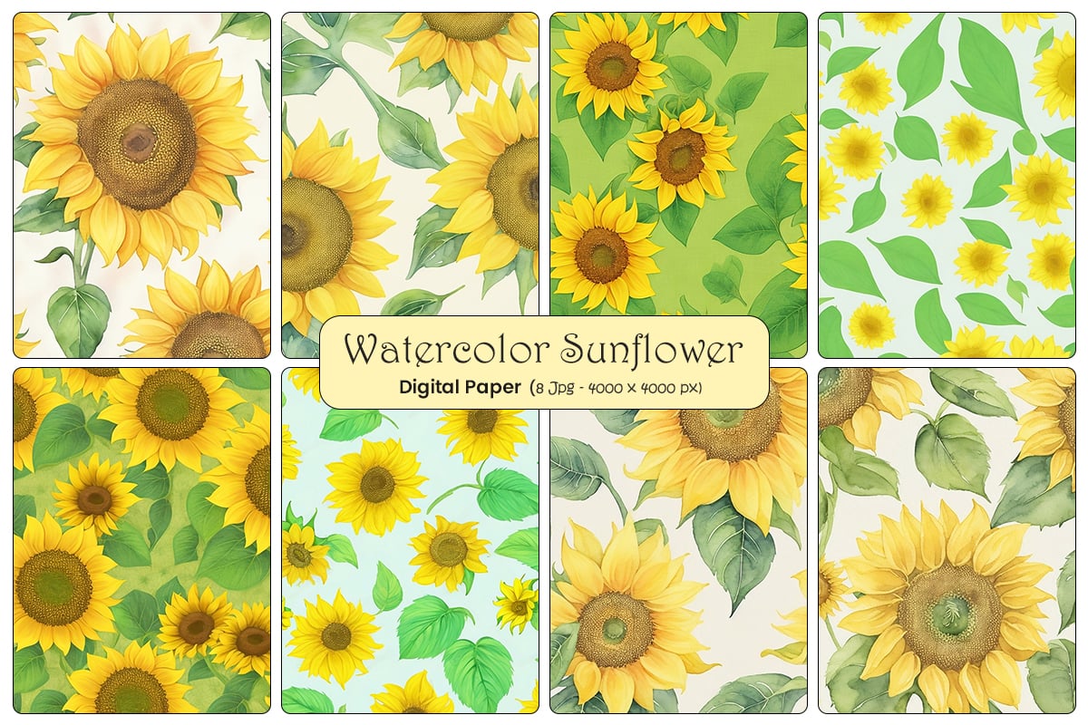 Sunflowers seamless pattern watercolor background, Watercolor Sunflower Digital Papers