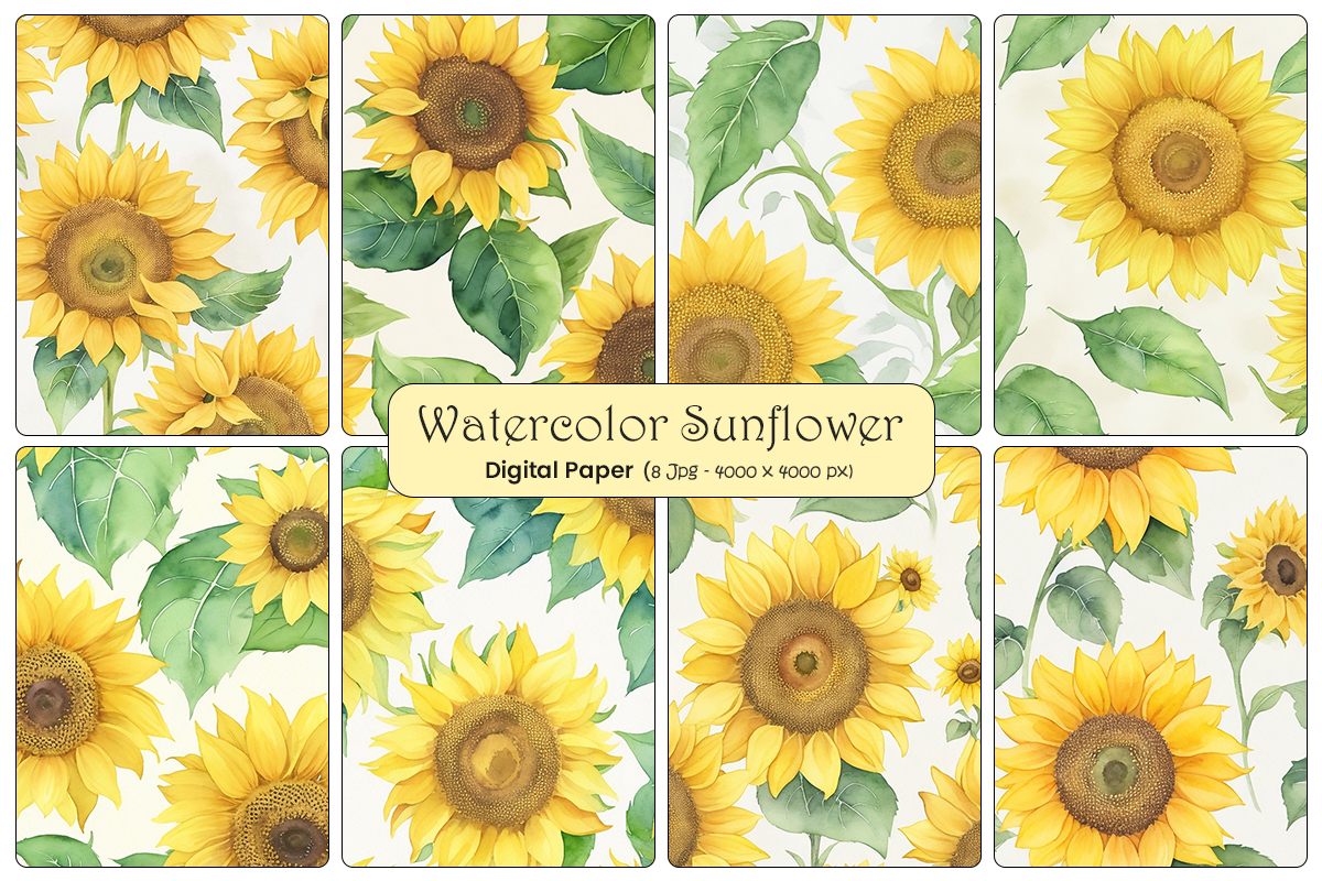 Sunflowers seamless pattern background, Watercolor Sunflower Digital Papers