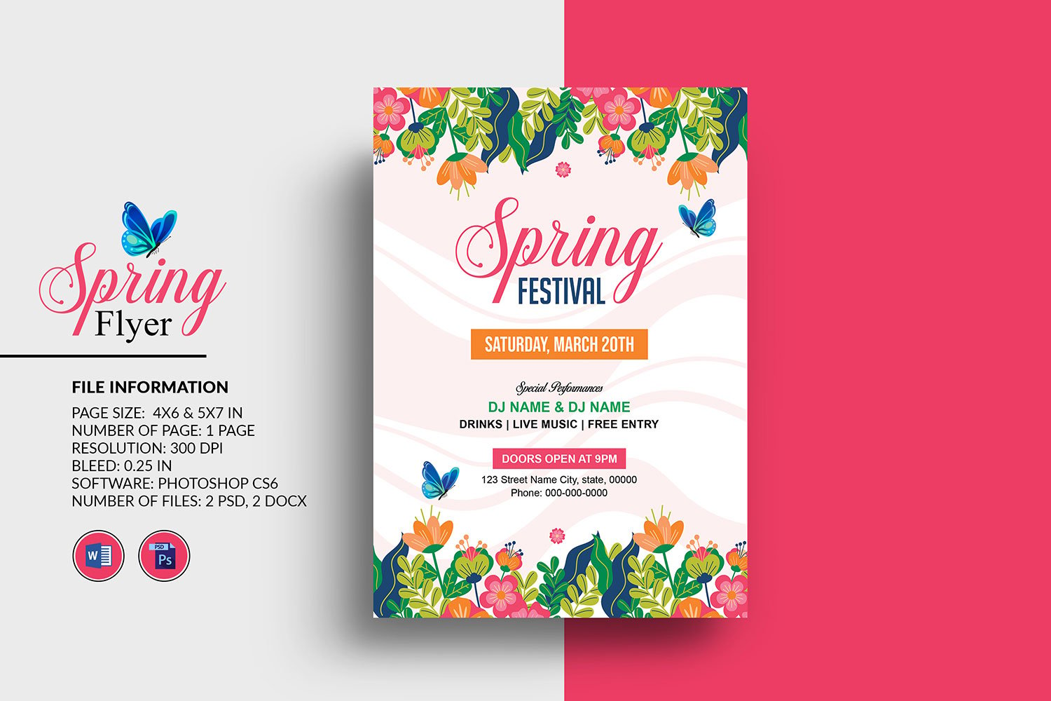 Spring Party Invitation Flyer Template. Ms Word and Photoshop